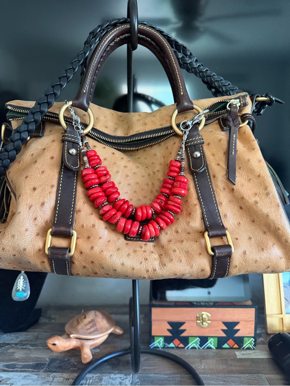 Tan Ostrich-Texture Leather Satchel with Red Bead Accent